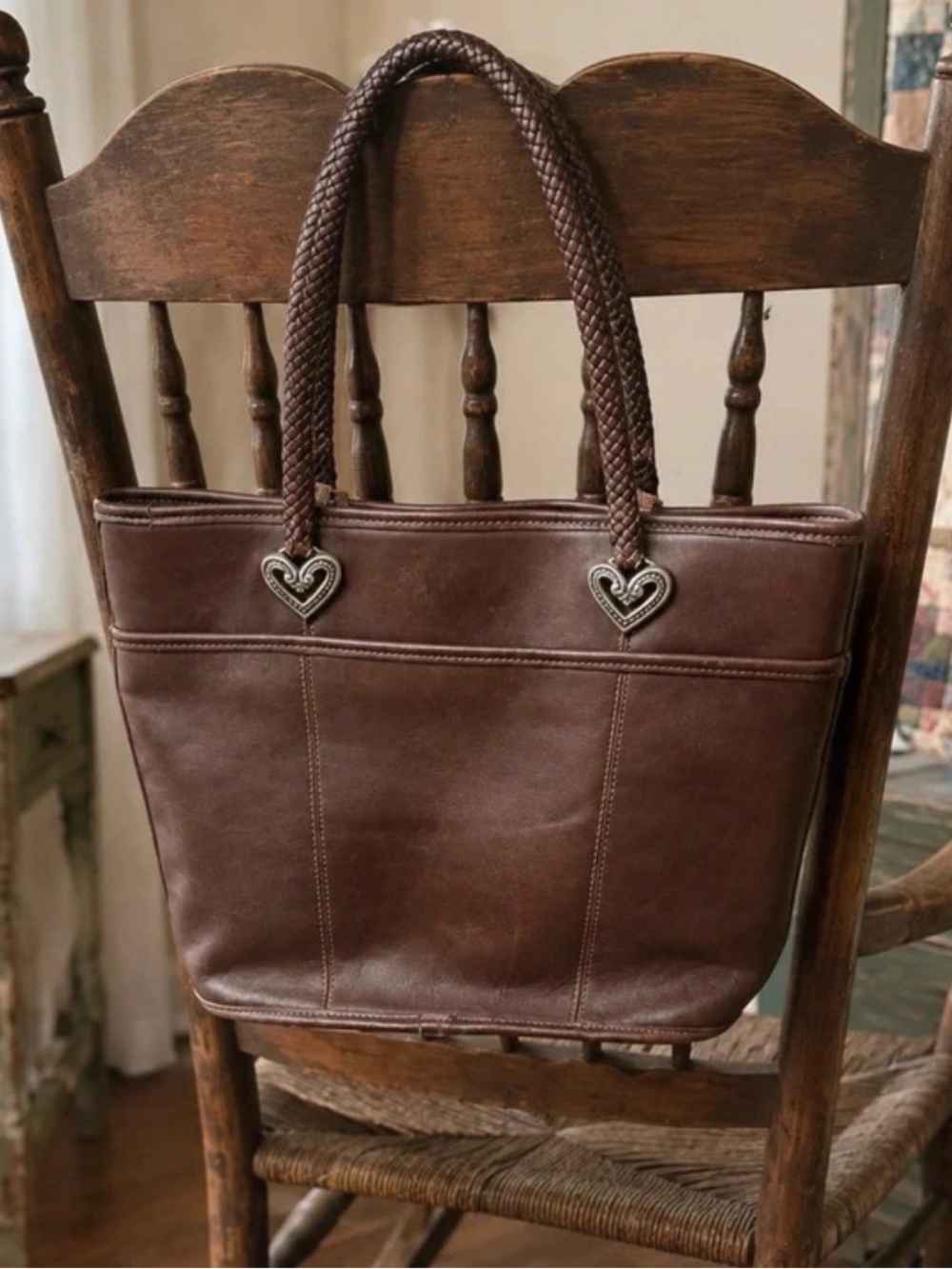 Brighton Brown Braided-Handle Leather Tote with Heart Accents